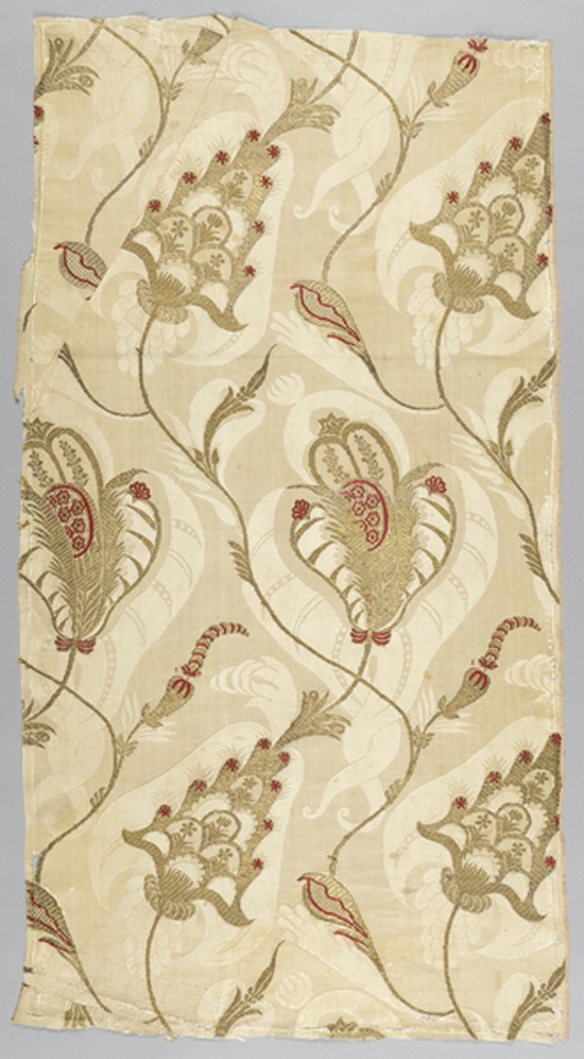 From the 'Hewitt Sisters Collect' exhibit: textile, Italy or France, ca. 1700; silk damask brocaded with silk and metallic yarns; 36 x 19 in.; Gift of John Pierpont Morgan, 1902-1-900-a; Cooper Hewitt, Smithsonian Design Museum; Photo by Matt Flynn © Smithsonian Institution